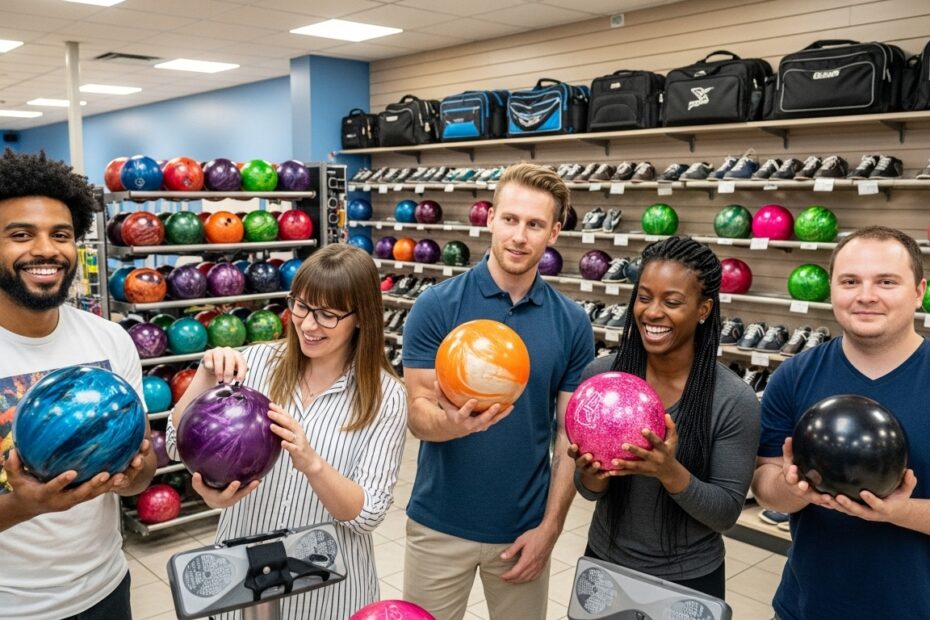 group of bowlers in pro shop holding bowling balls
