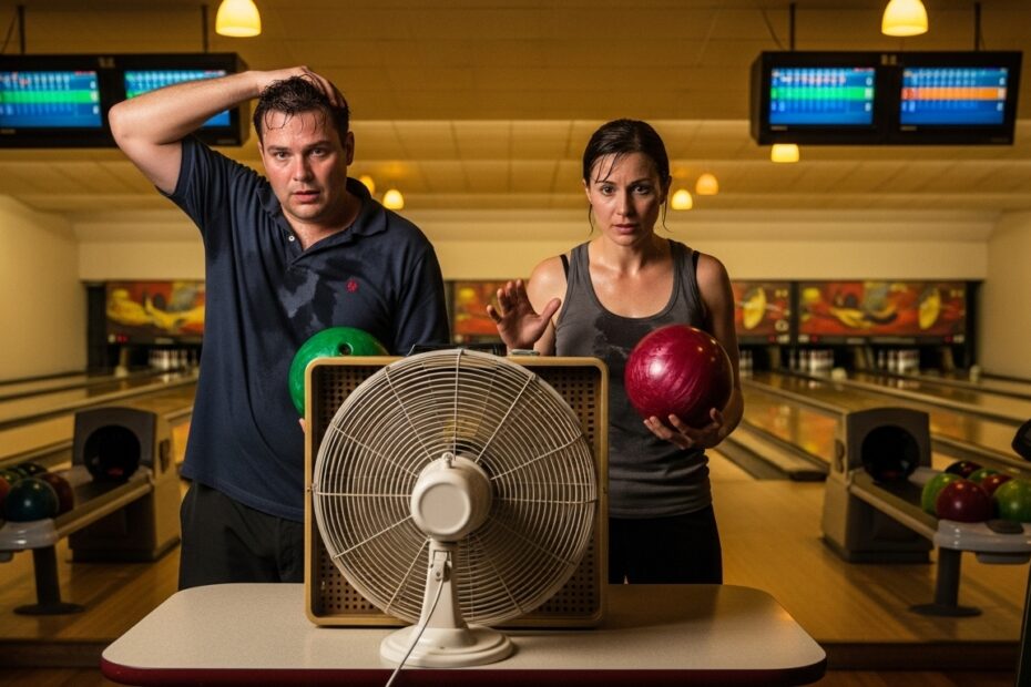 two bowlers standing in front of a box fan in a bowling alley