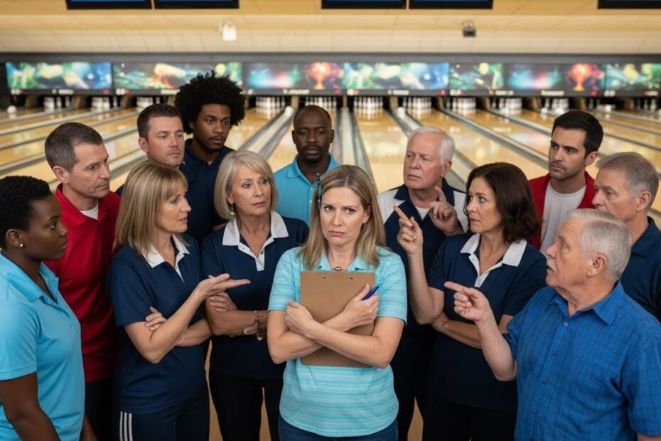 group of league bowlers asking questions of league secretary