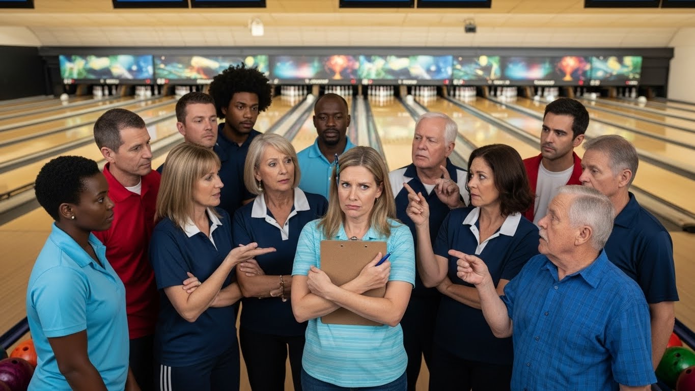 group of league bowlers asking questions of league secretary