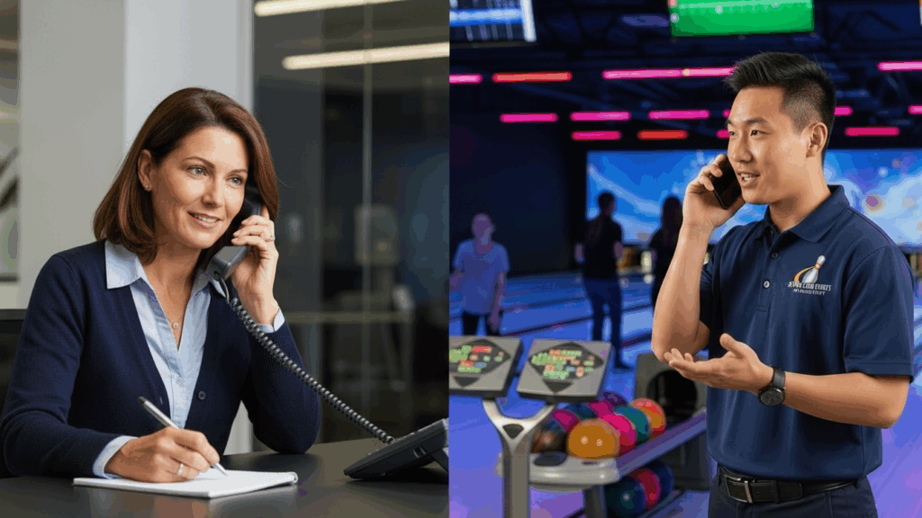 human resources manager talking to bowling event manager