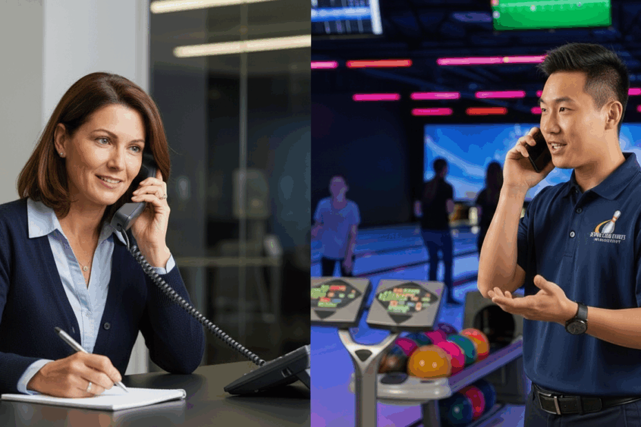 human resources manager talking to bowling event manager